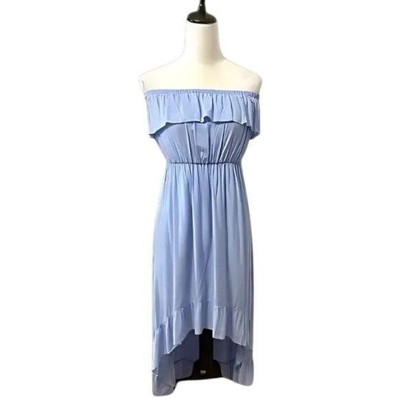 Nine Bird High-Low A-Line Dress Off-Shoulder Flutter Hemline Flowy Sky Blue  S - Picture 1 of 8